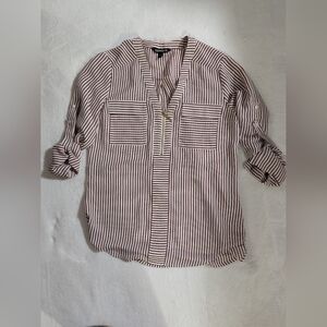 Express Blouse, Striped V-Neck Blouse With Zipper, X Small, Red & White